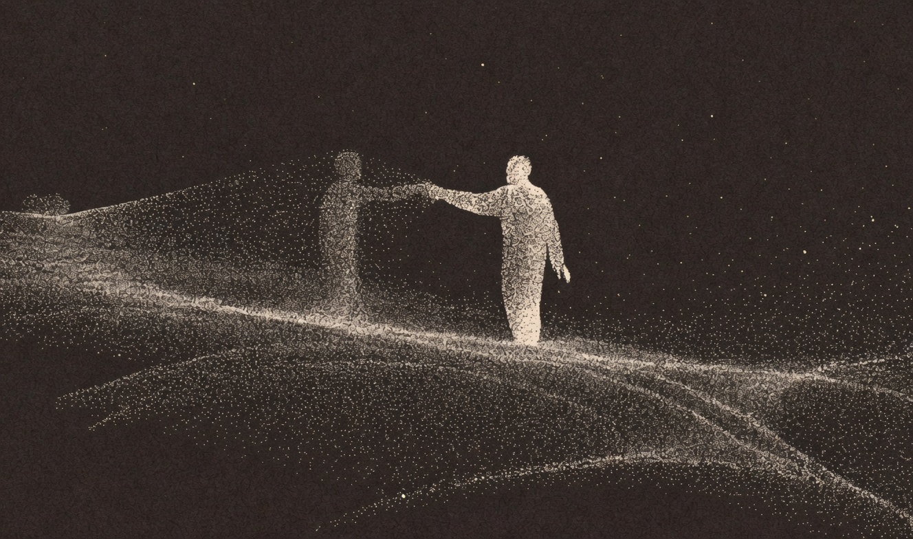 Two figures of stippled light holding hands on a dark hillside