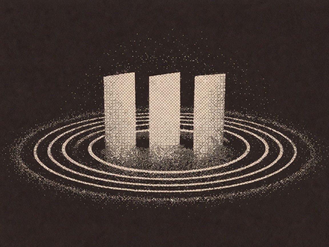Three stippled planes standing as a scene with radiating rings